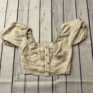 SUBOO Linen Puff Sleeve Crop Top Women's Size S Beige Smocked‎ Back Cottagecore